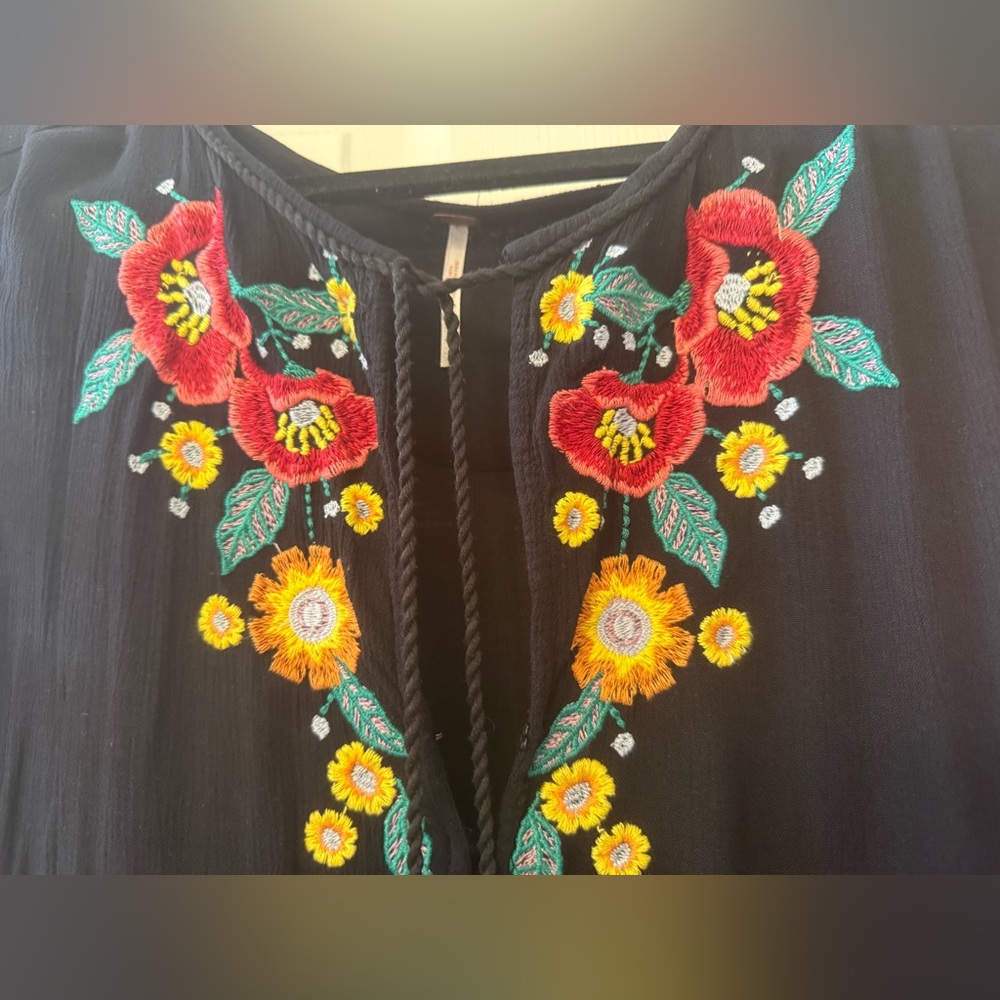 Free People Black Tiered Top/Mini with  Colorful Embroidery - Picture 2 of 5